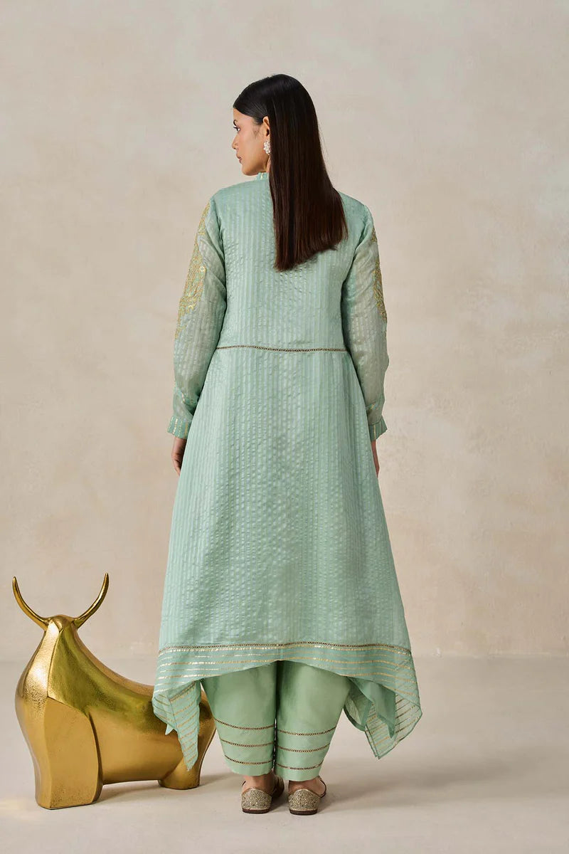Chanderi Front Open Assymetrical Kurta With Pant