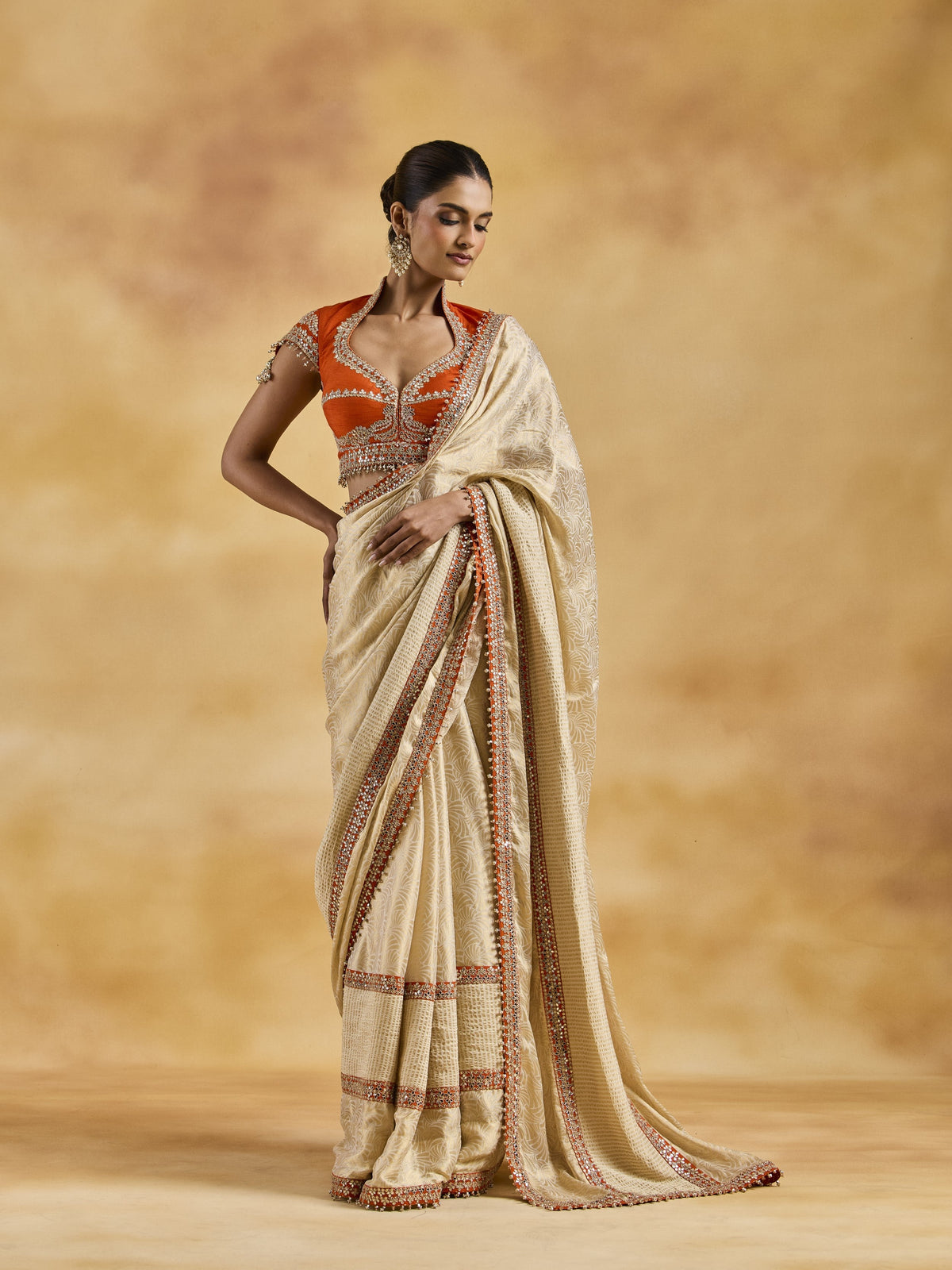 Orange Ivory-Gold Saree Set