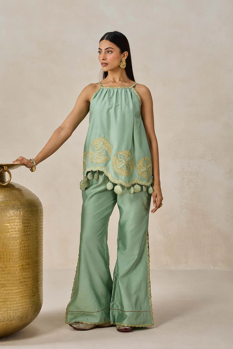 Chanderi Applique Embroidery Strappy Short Top And Palazo Set