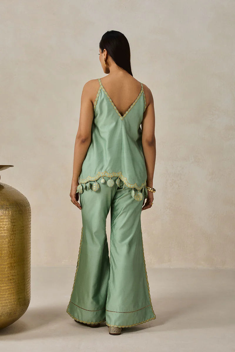 Chanderi Applique Embroidery Strappy Short Top And Palazo Set
