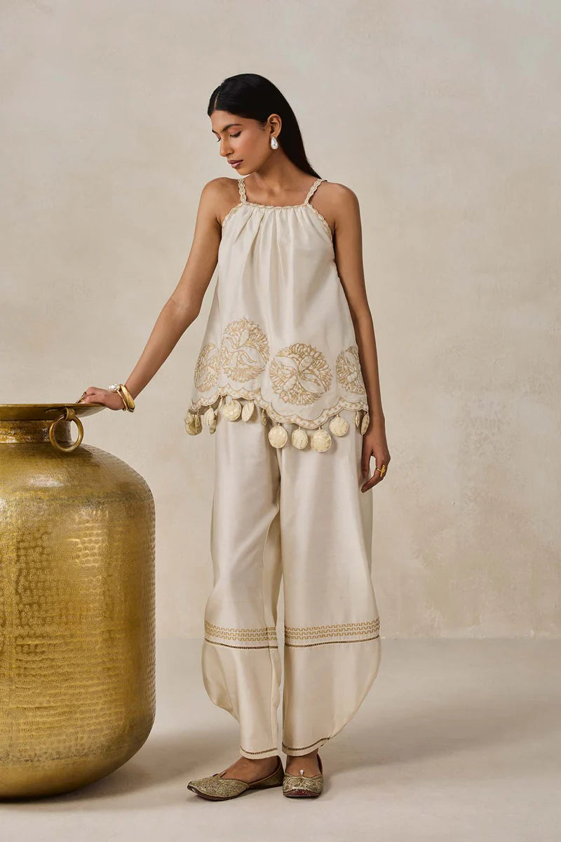 Chanderi Applique Embroidery Strappy Short Top And Palazo Set