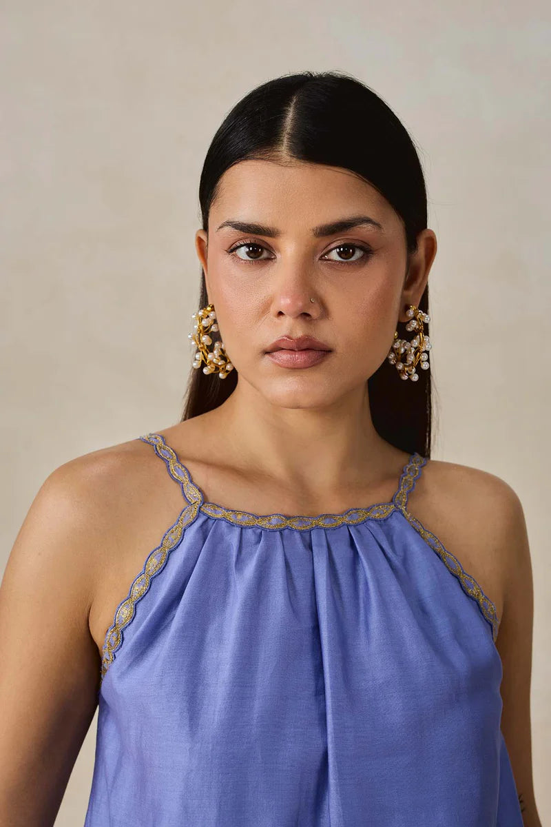 Chanderi Applique Embroidery Strappy Short Top And Palazo Set