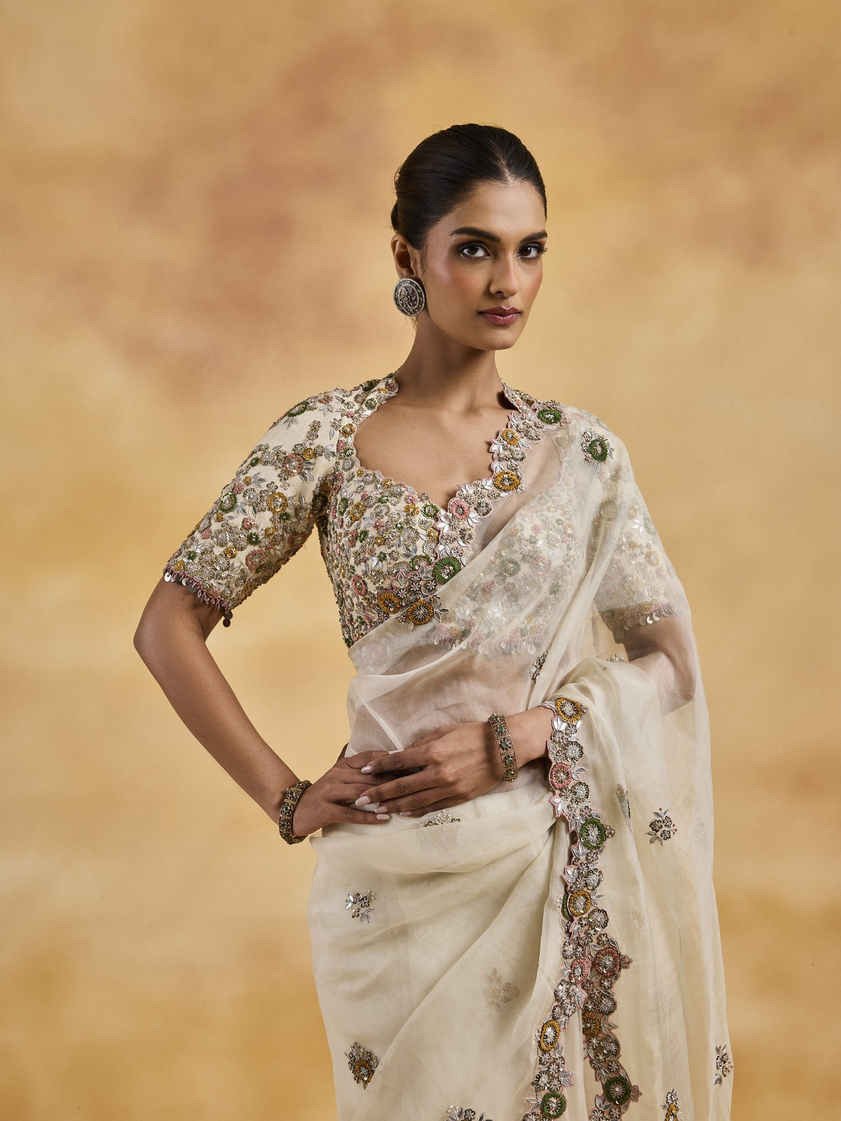 Ivory Organza Saree Set