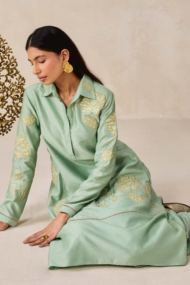 Chanderi Assmmetrical Kurta With Pant Set