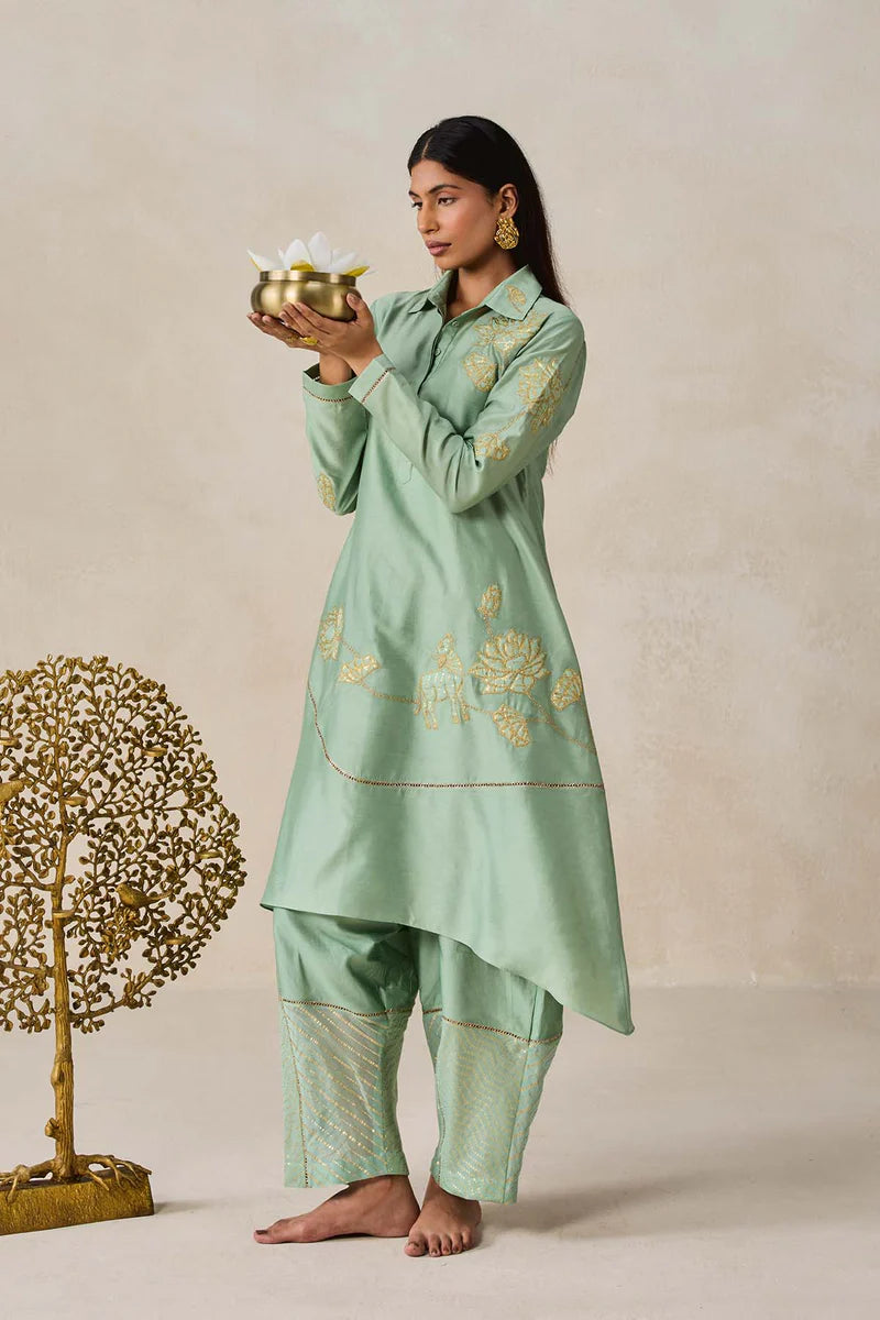 Chanderi Assmmetrical Kurta With Pant Set
