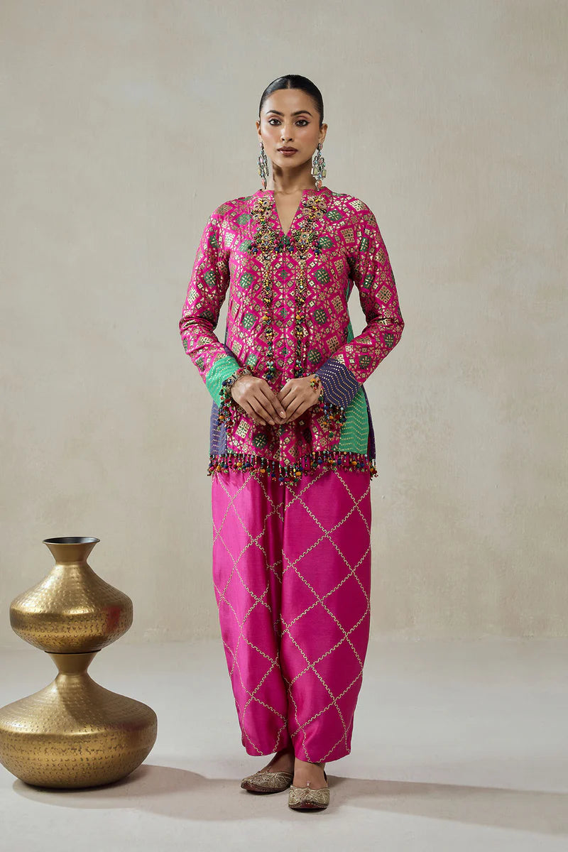 Fuschia Patola Silk Short Jacket Worked Salwar
