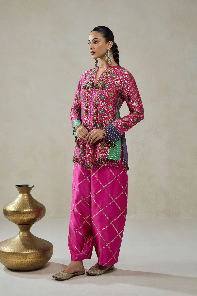 Fuschia Patola Silk Short Jacket Worked Salwar