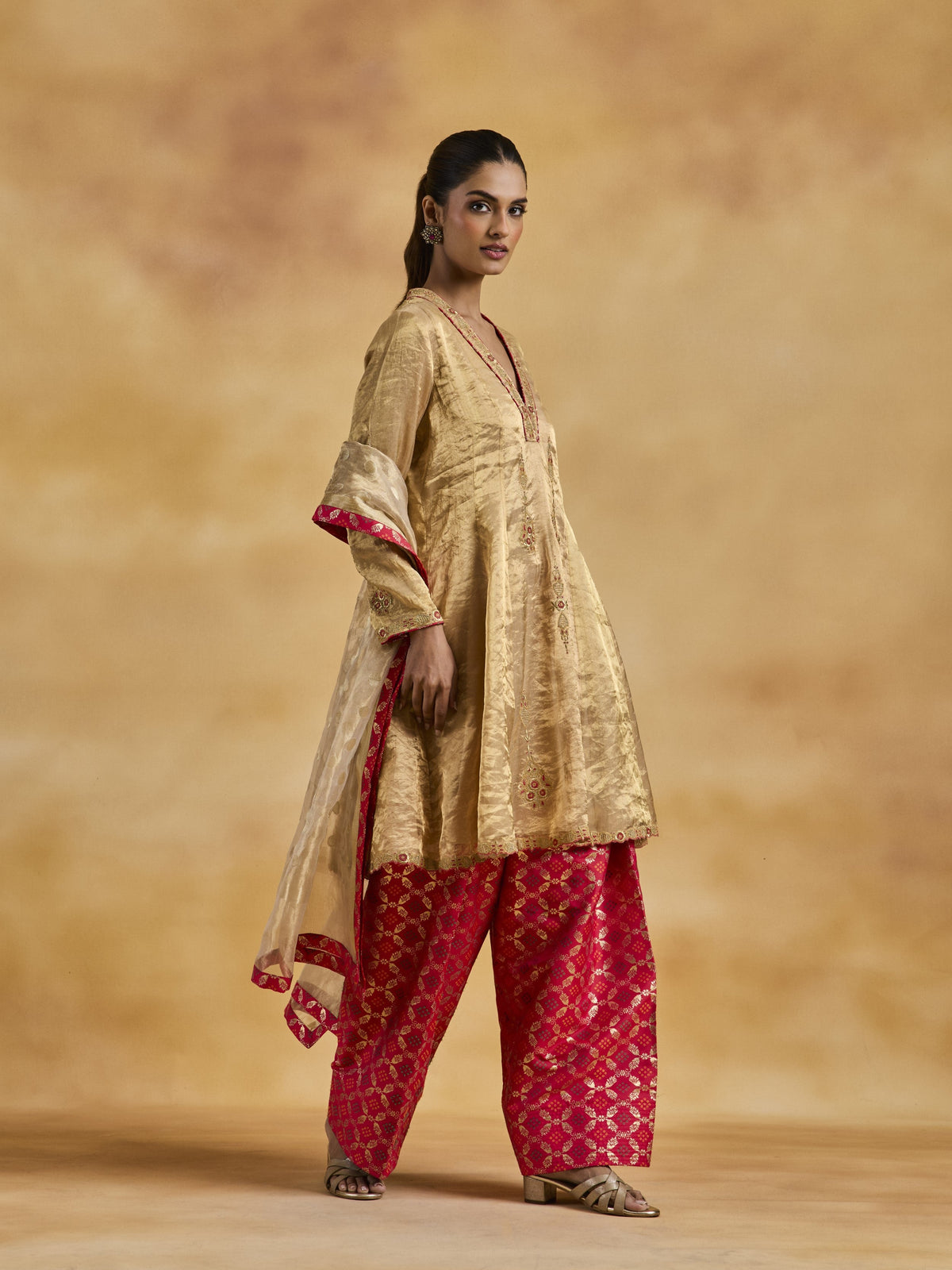Gold Tissue Anarkali Set