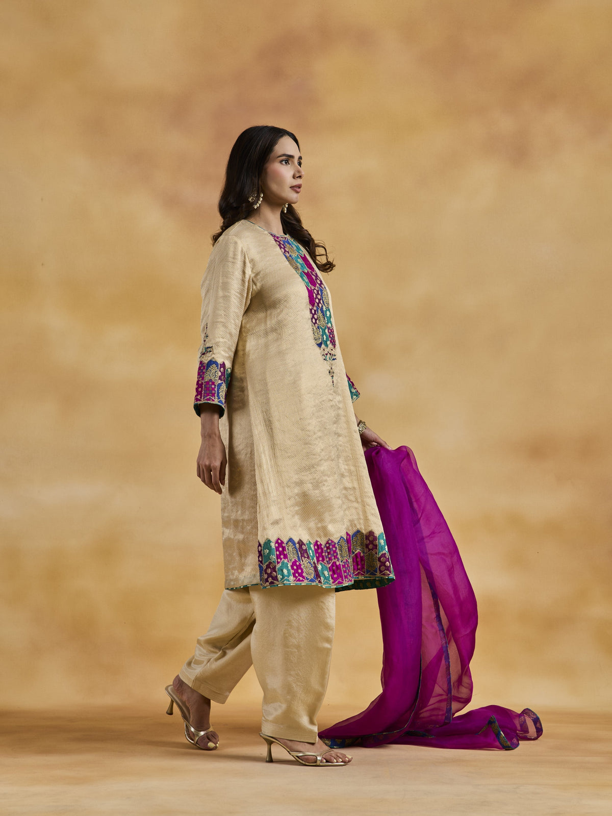 Ivory-Gold Appliqué Suit Set