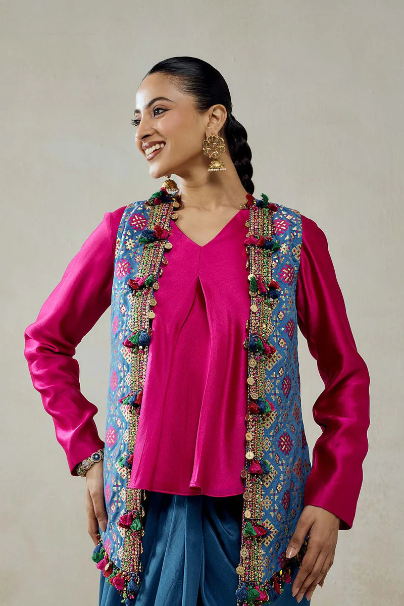 Royal Blue Patola Short Jacket With Dhoti Skirt Set