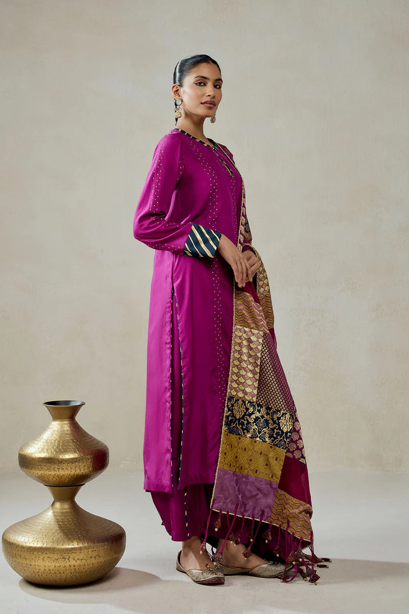Wine Salwar Suit With Multicolour Brocade Dupatta Set
