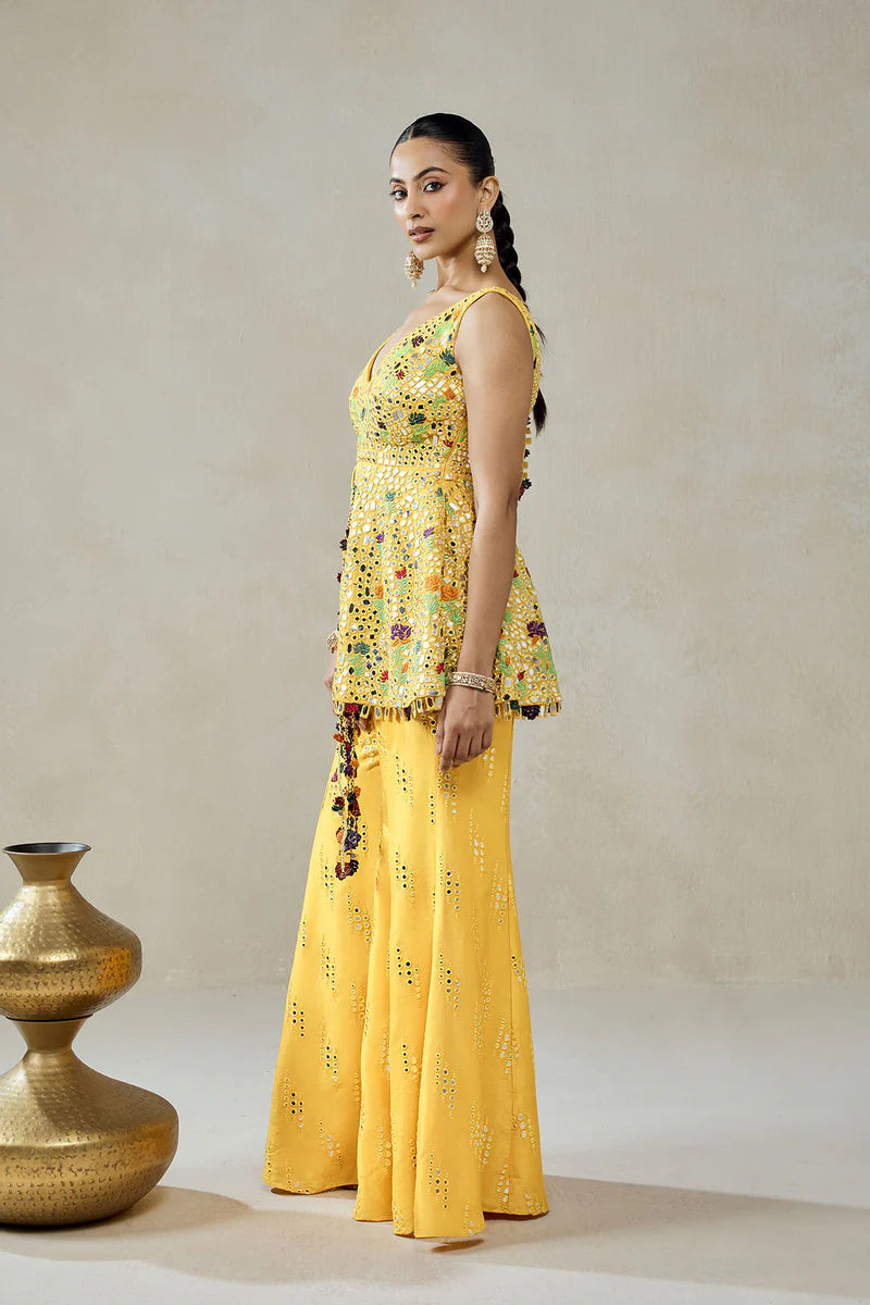 Yellow Sharara Trouser Peplum Set