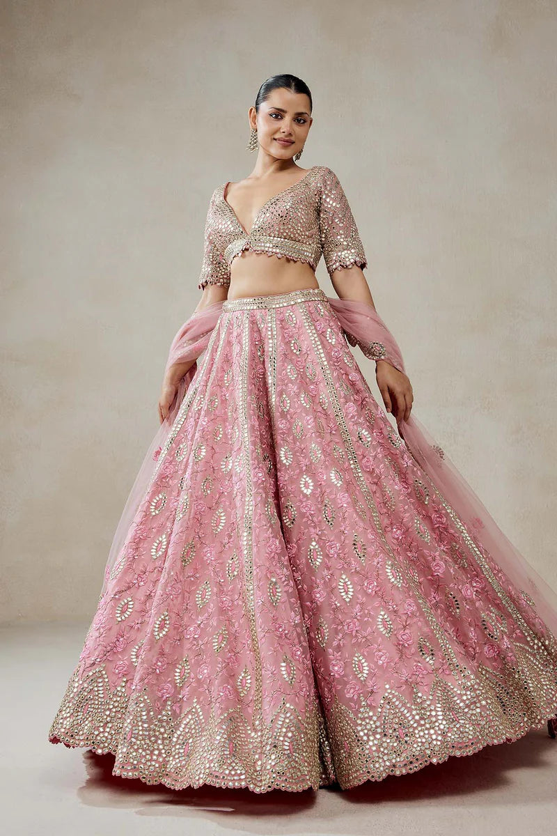 Pink Organza Mirror Work With Multiresham Lehenga Set