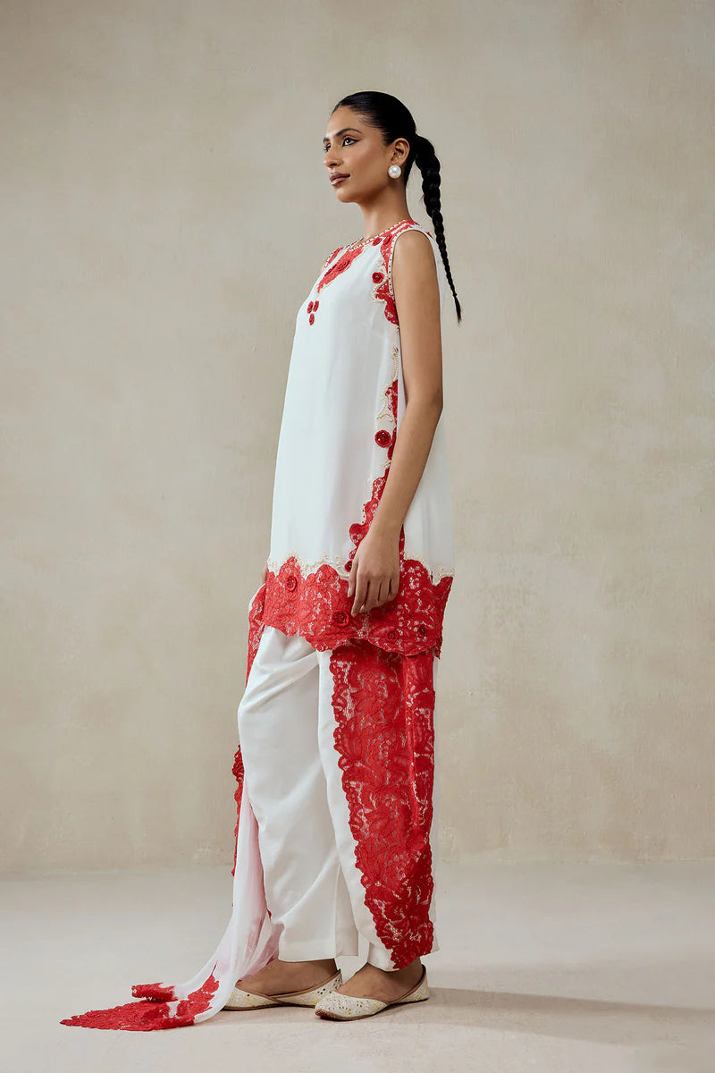 White Georgette With Red Lace Applique Suit Set