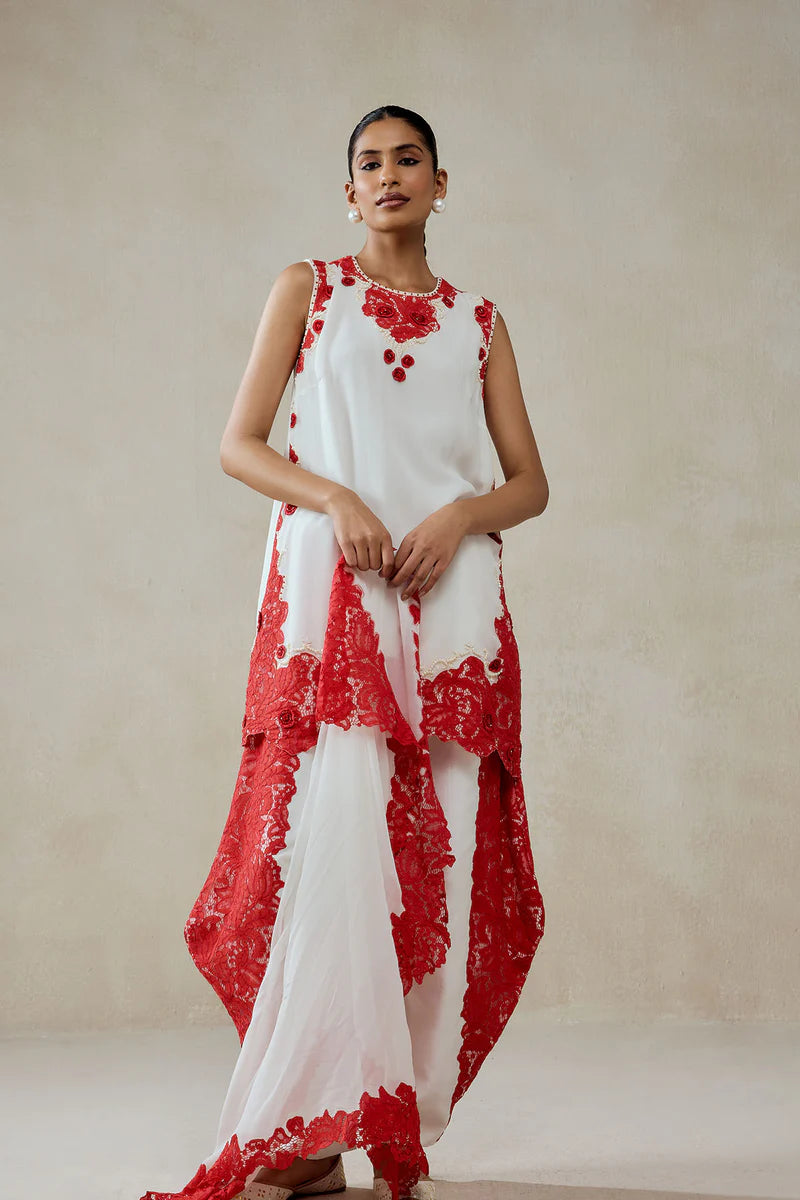 White Georgette With Red Lace Applique Suit Set