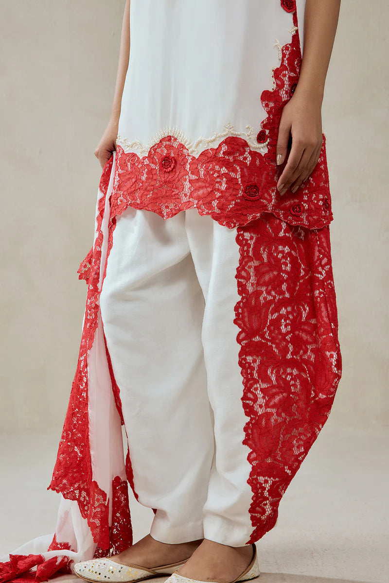 White Georgette With Red Lace Applique Suit Set