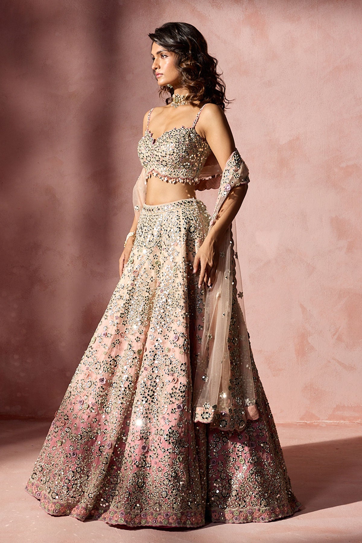 Rose Pink Ombrey Mirror WorkLehenga