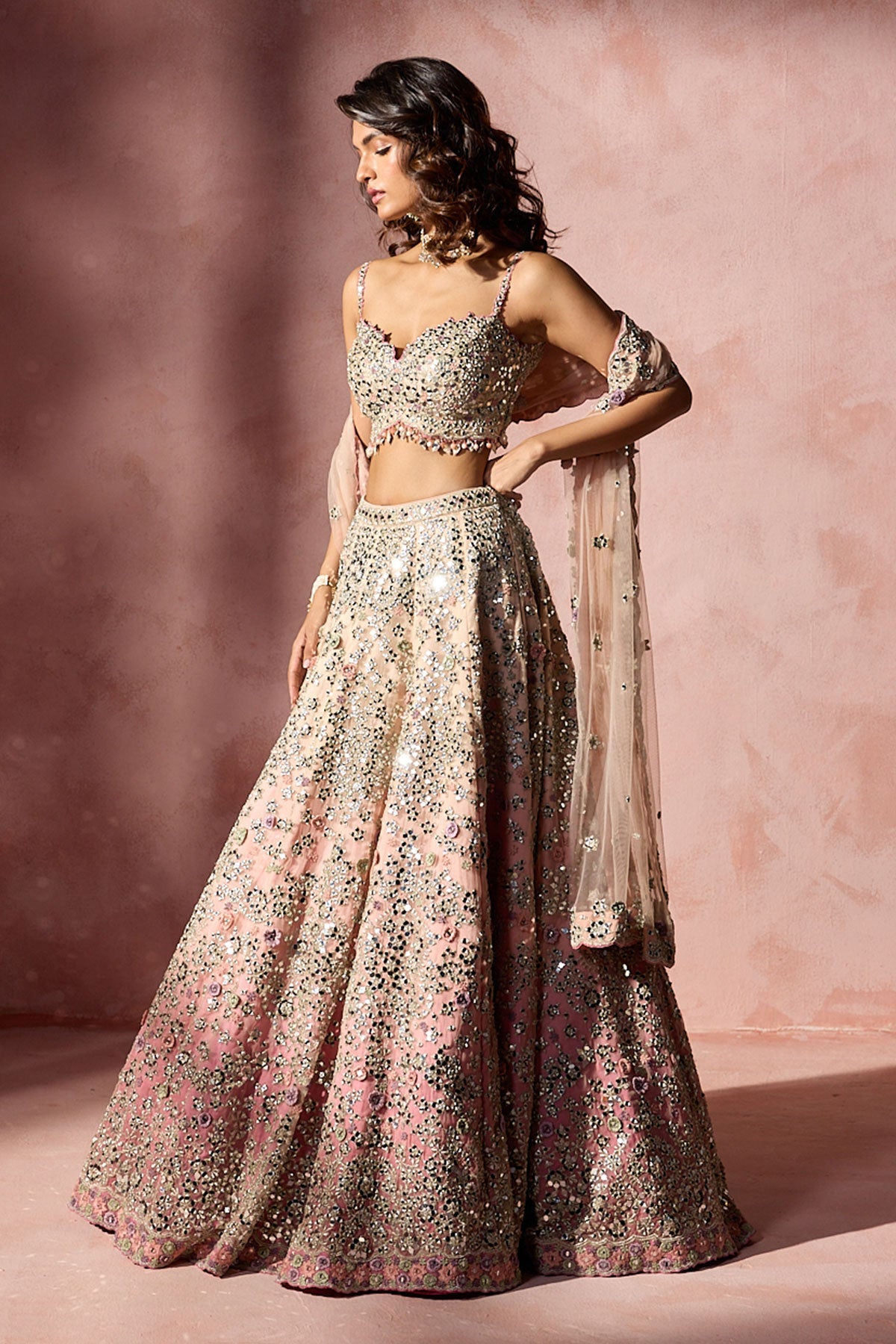 Rose Pink Ombrey Mirror WorkLehenga