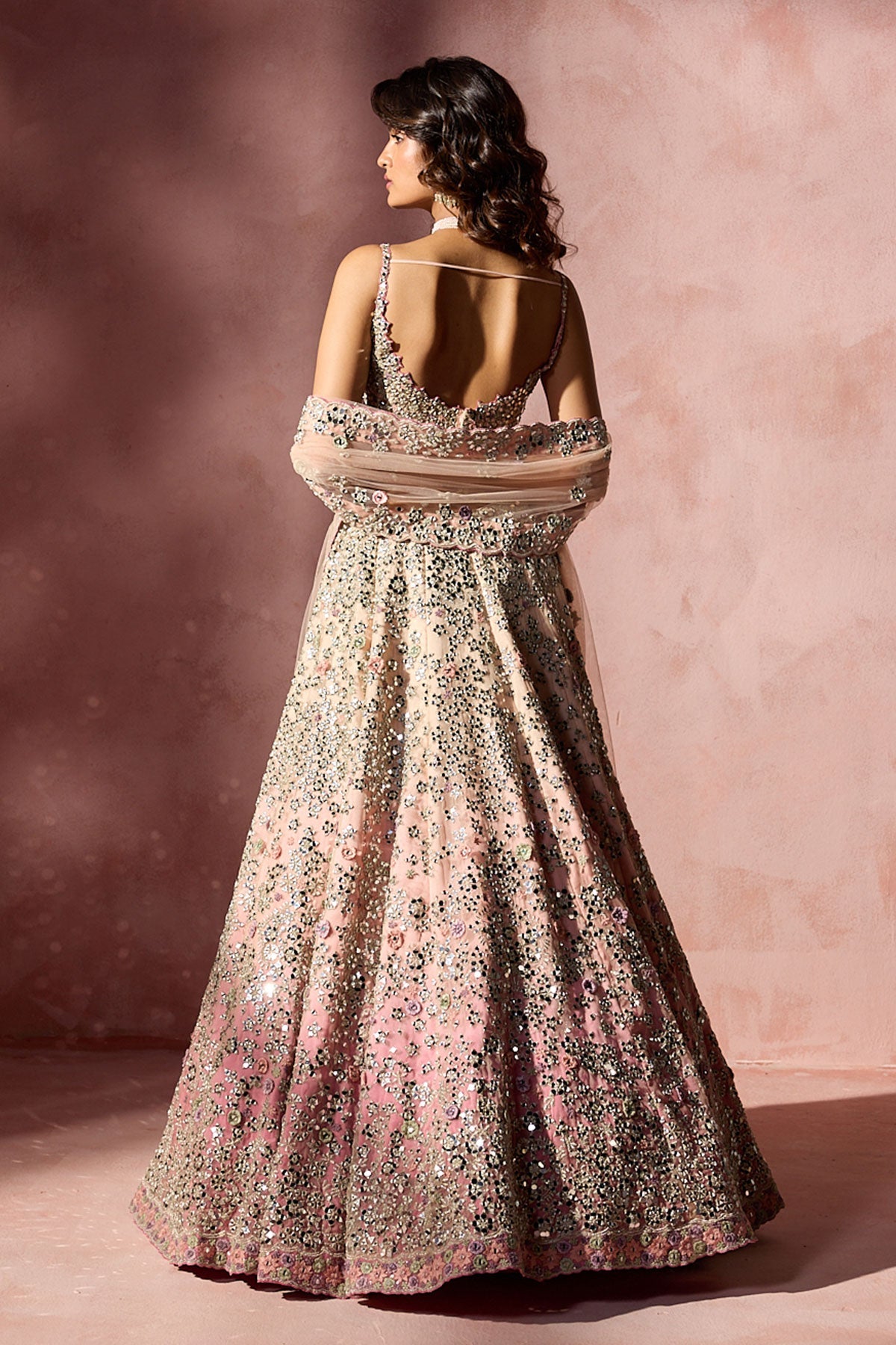 Rose Pink Ombrey Mirror WorkLehenga
