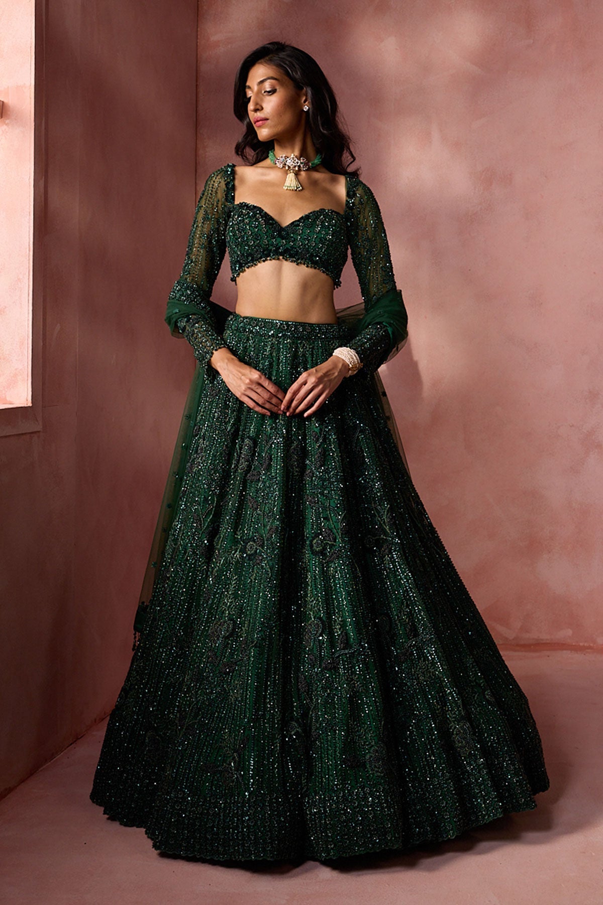 Bottle Green Net Lehenga Set