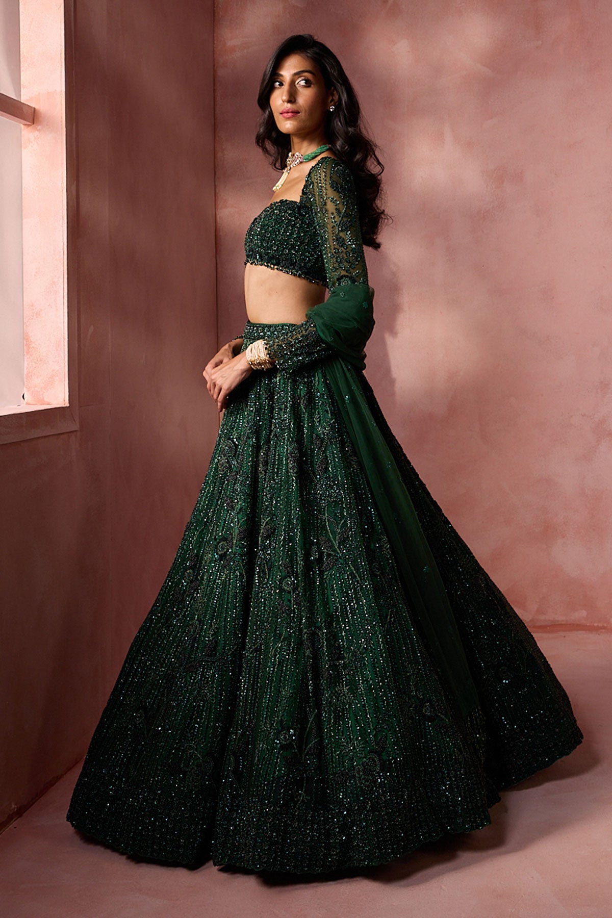 Bottle Green Net Lehenga Set