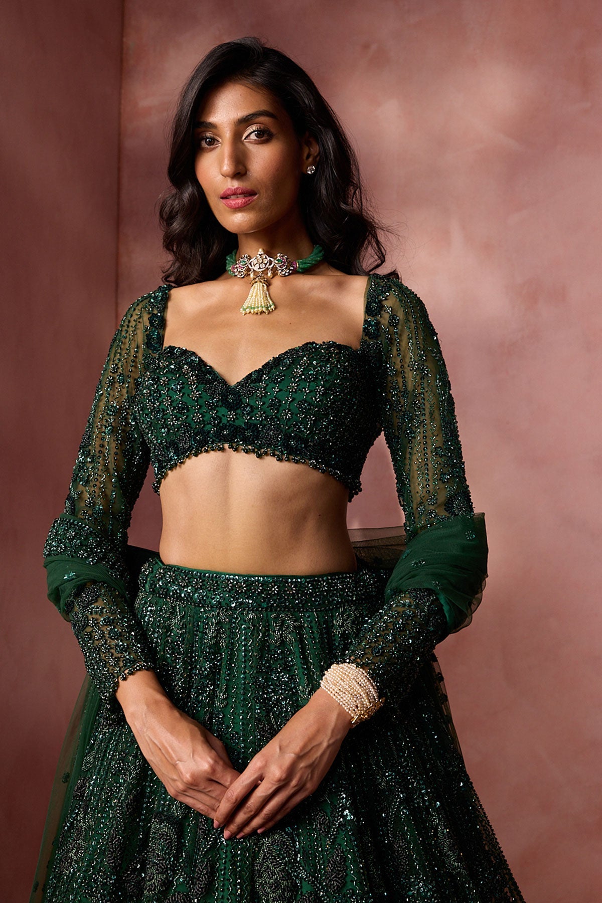Bottle Green Net Lehenga Set