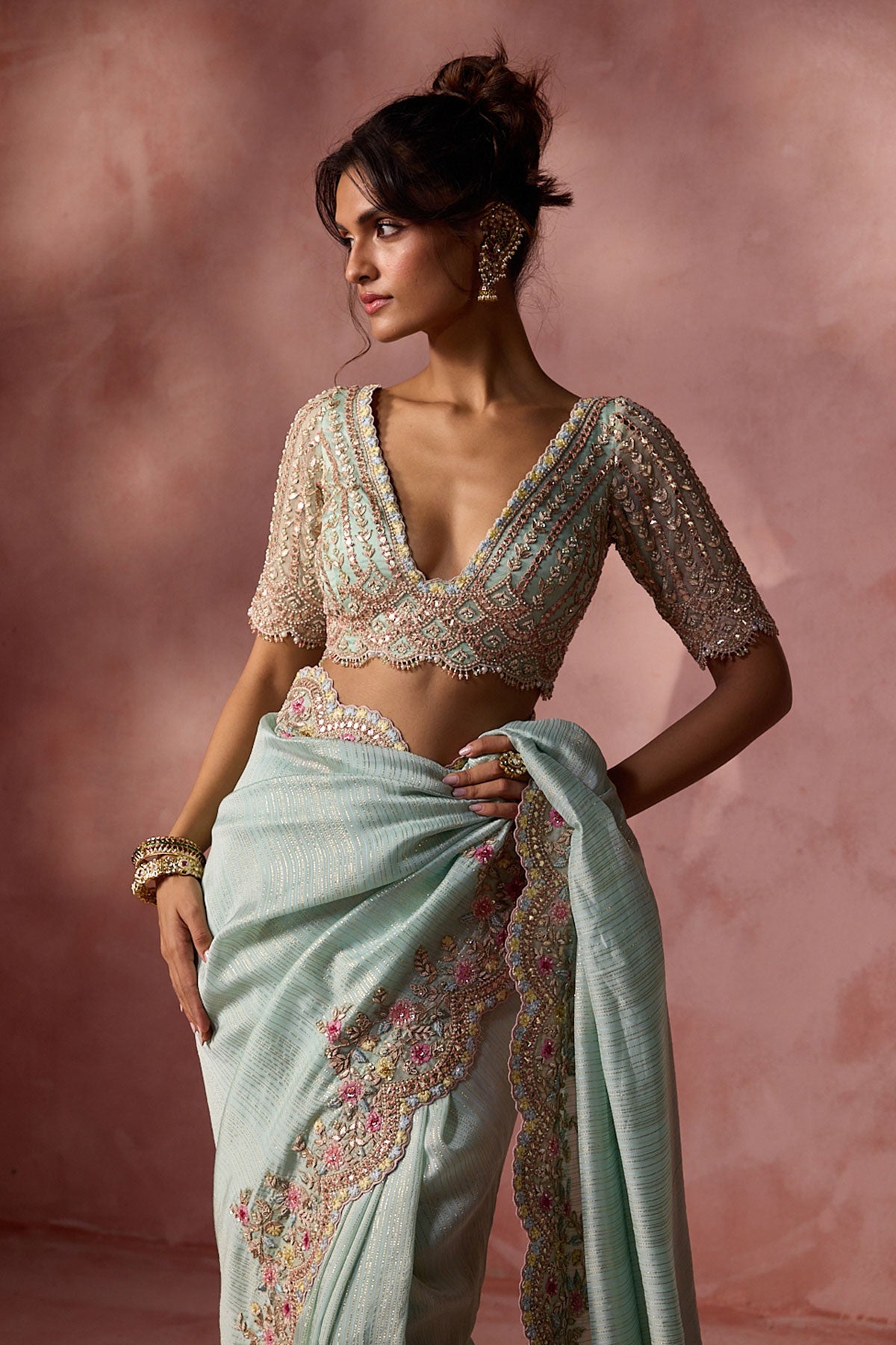 Aqua Lurex Georgette Saree Set