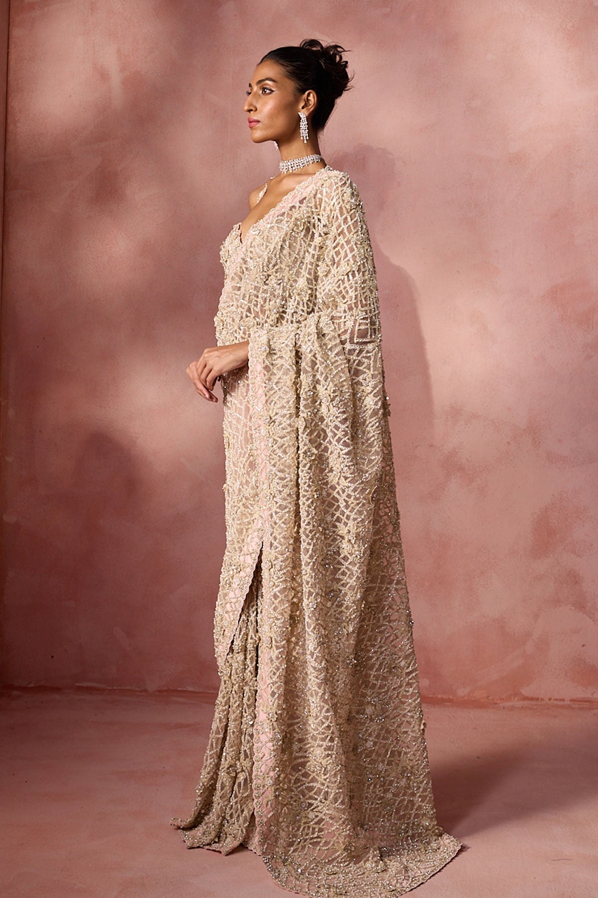 Blush Pink Net Saree Set