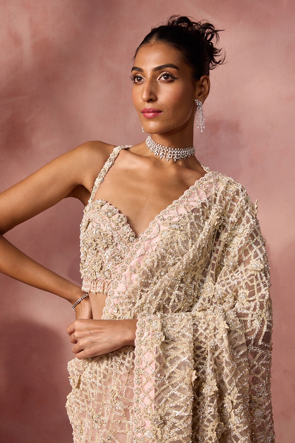 Blush Pink Net Saree Set