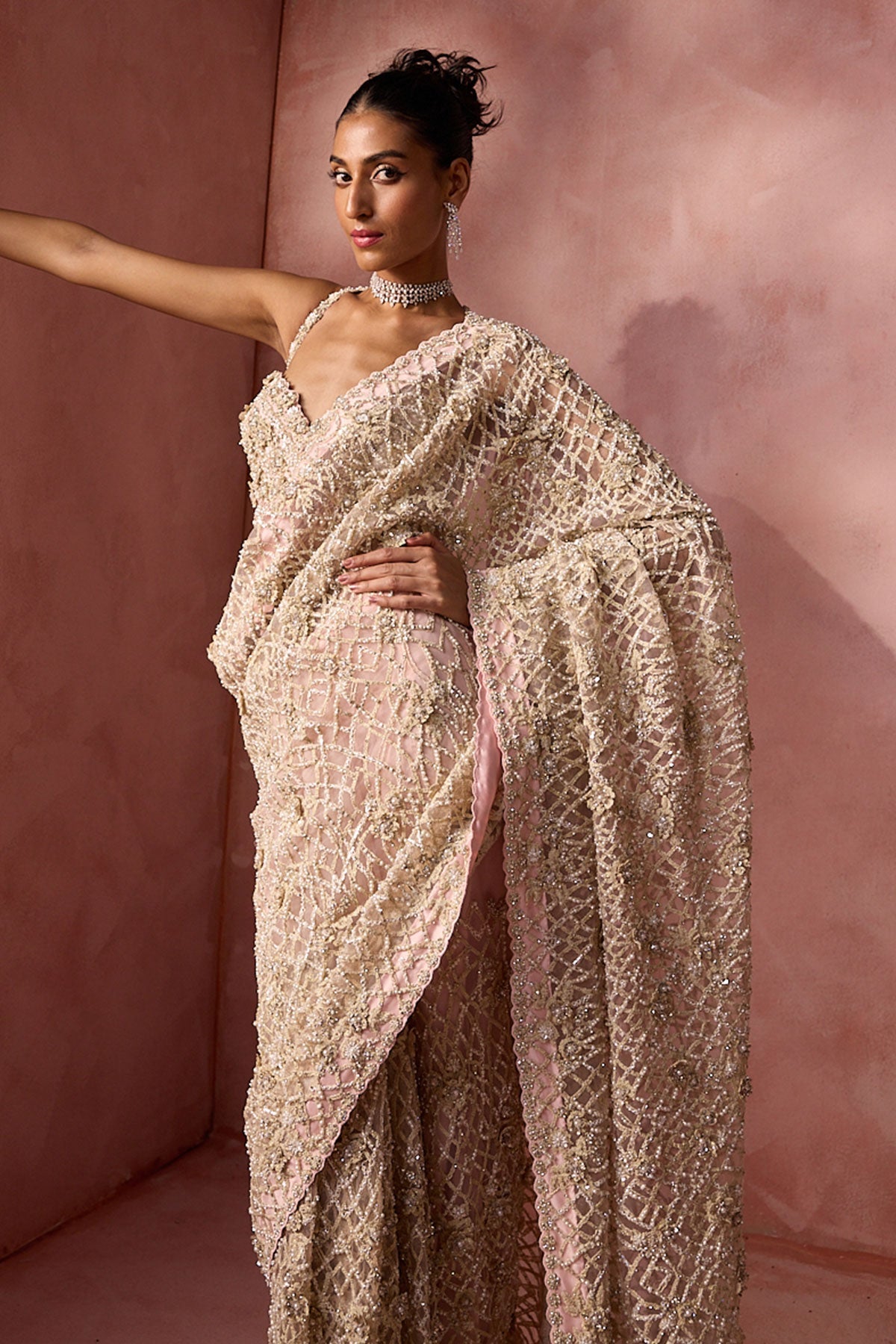 Blush Pink Net Saree Set