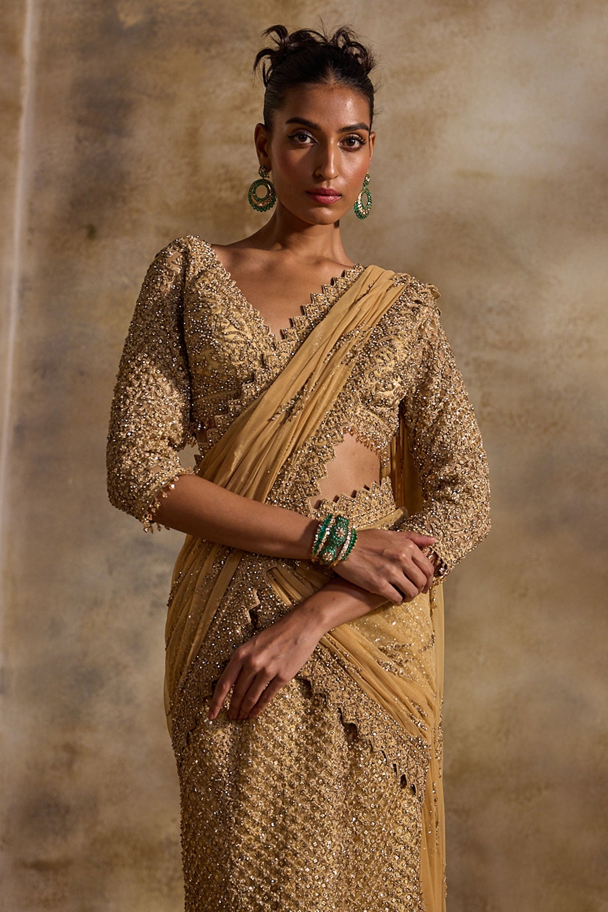 Gold Net Draped Lehenga Saree