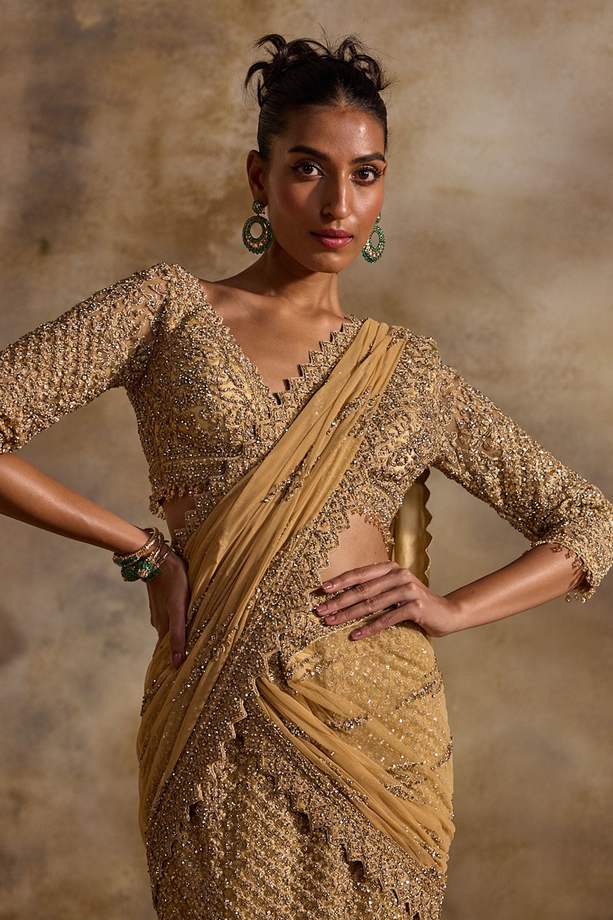 Gold Net Draped Lehenga Saree