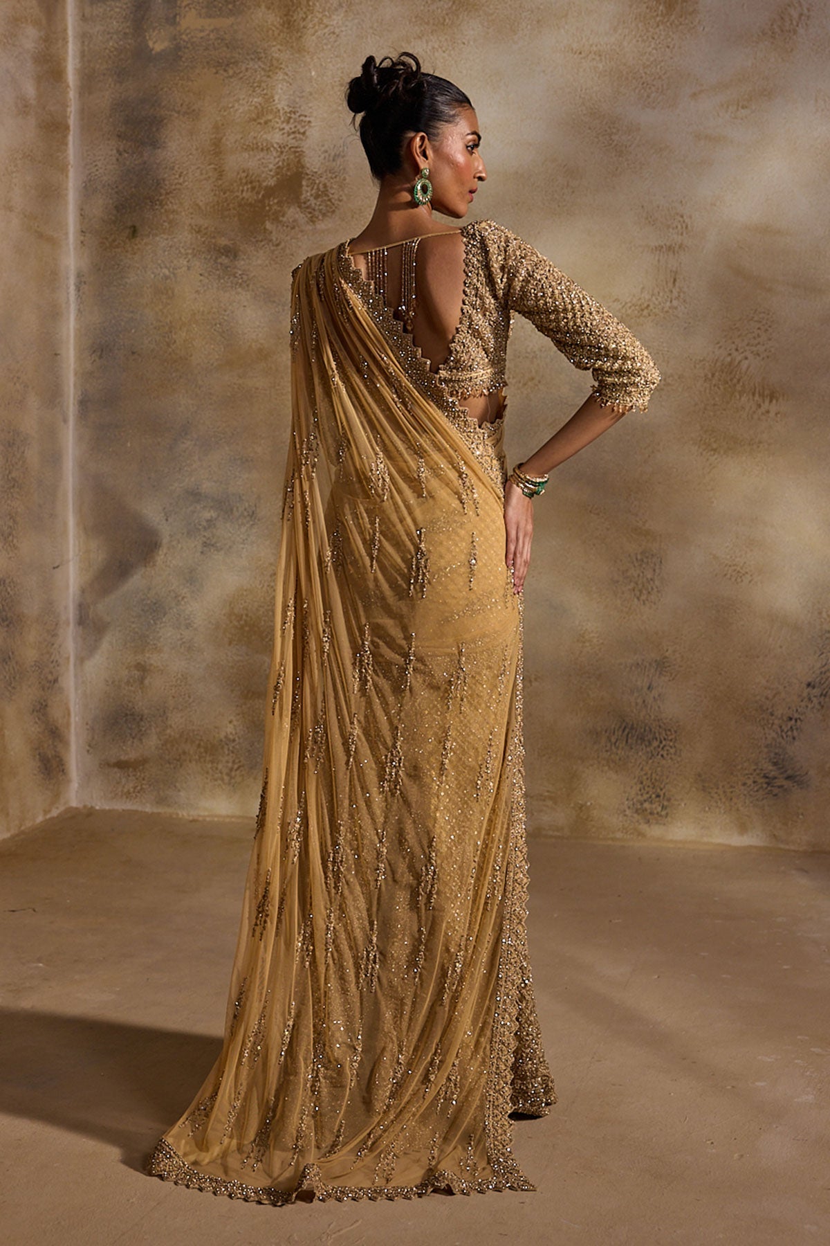 Gold Net Draped Lehenga Saree