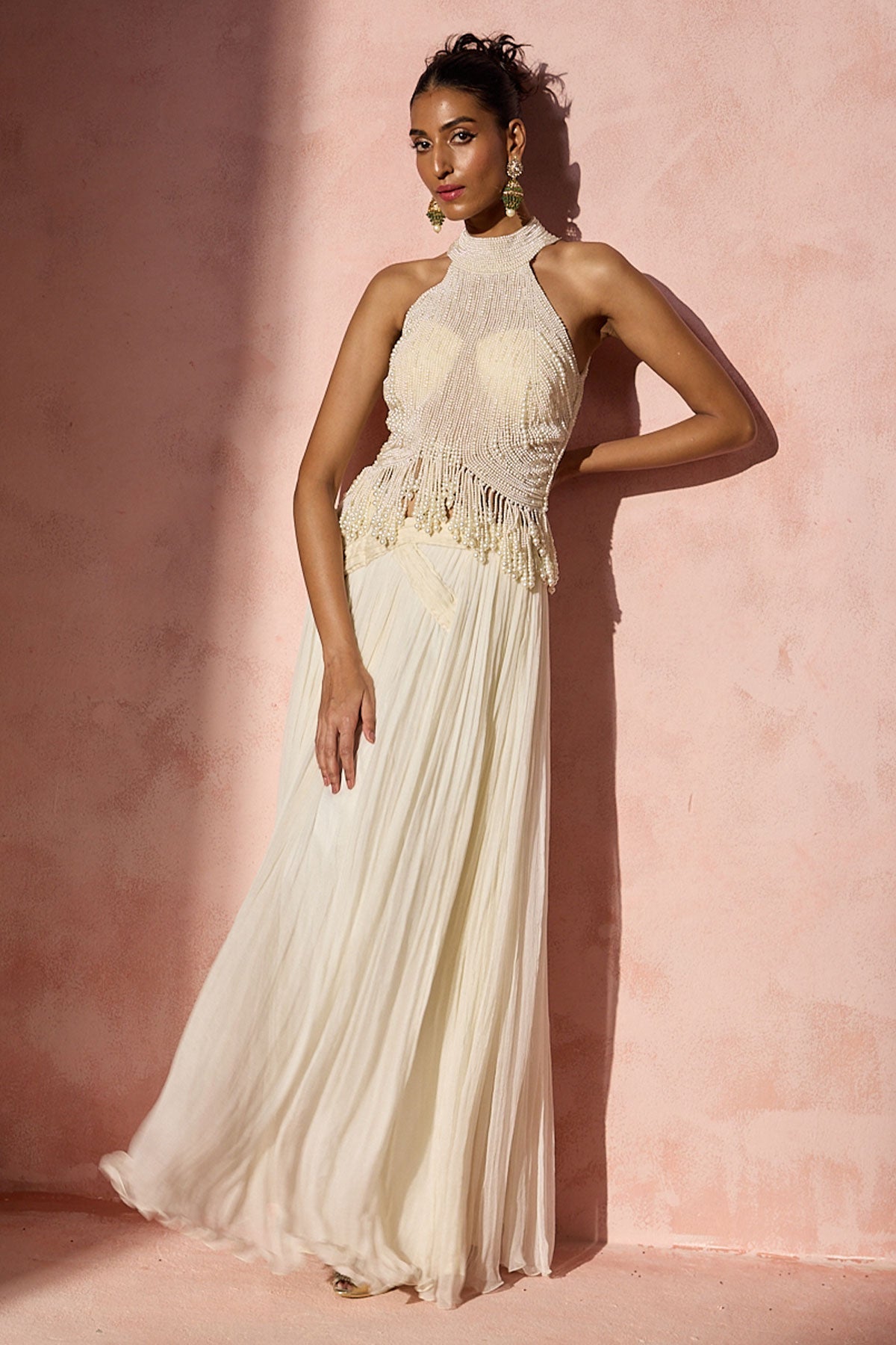 Ivory Pleated Skirt And Halter Set