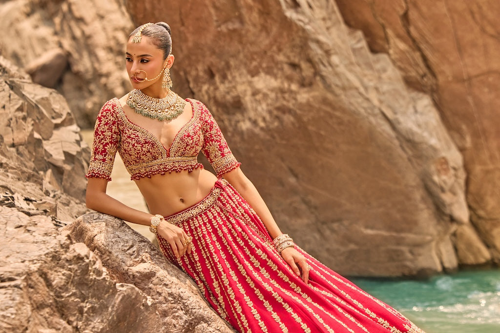 CRIMSON ANTIQUE ZARDOZI LEHENGA