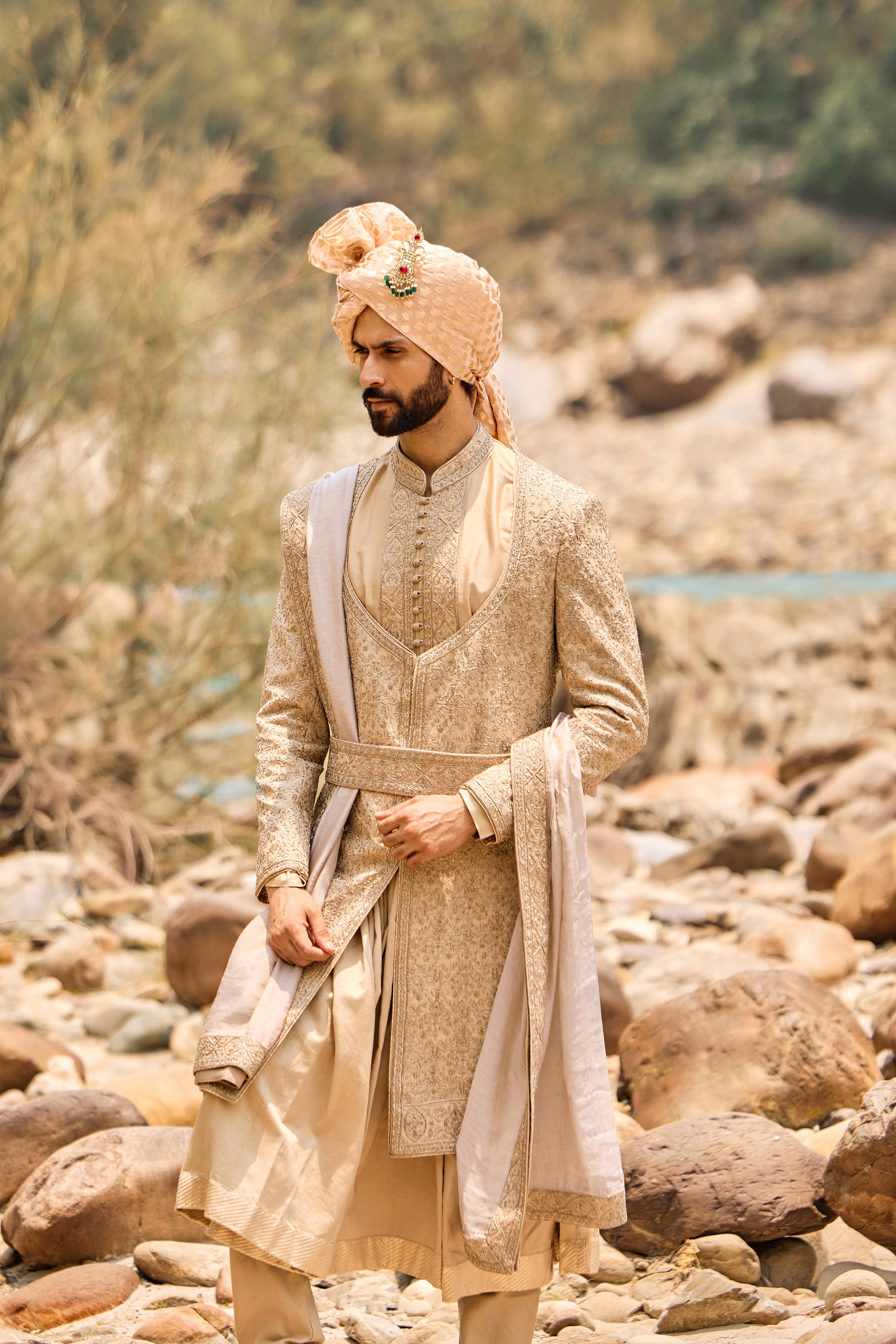 Fawn Angrakha Sherwani Set
