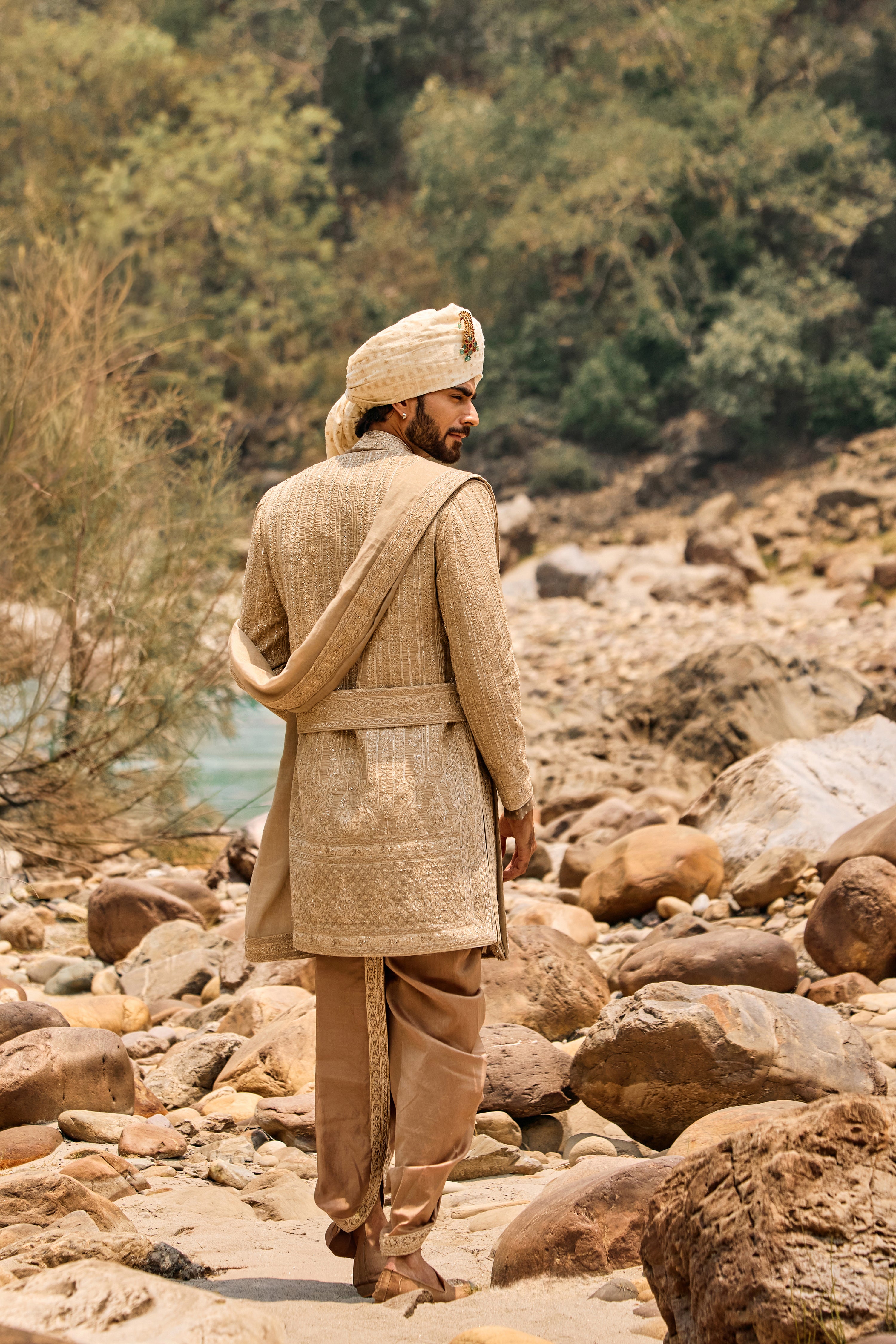 Mocha Worked Sherwani Set With Dhoti