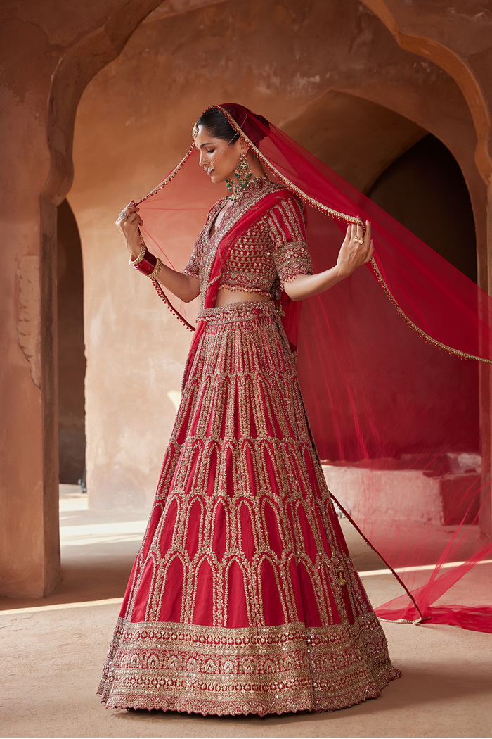 BLOOD RED ZARDOZI WORK RAW SILK LEHENGA CHOLI