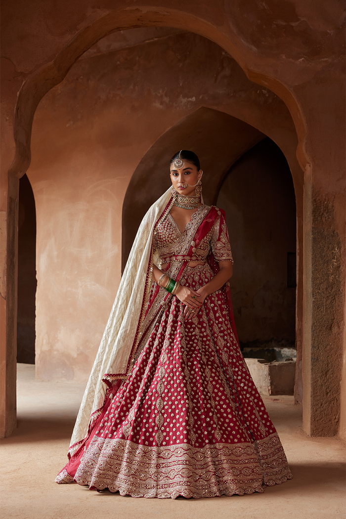 MAROON ZARDOZI WORK RAW SILK LEHENGA CHOLI