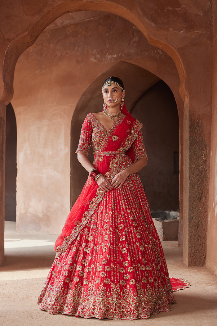 VERMILLON RED RAW SILK LEHENGA CHOLI SET