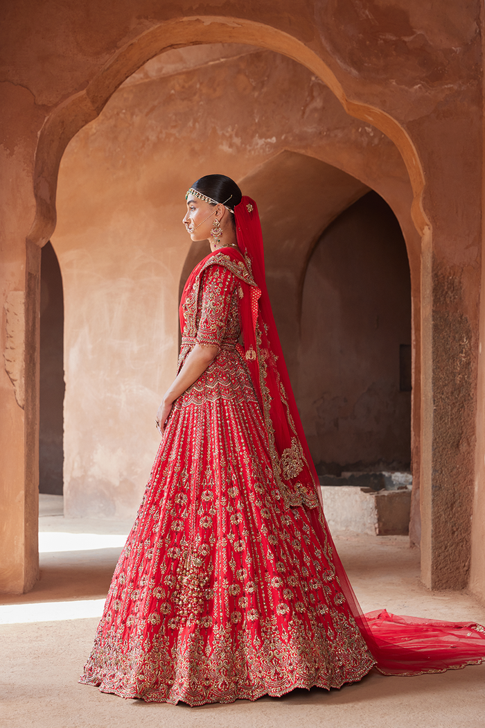 VERMILLON RED RAW SILK LEHENGA CHOLI SET