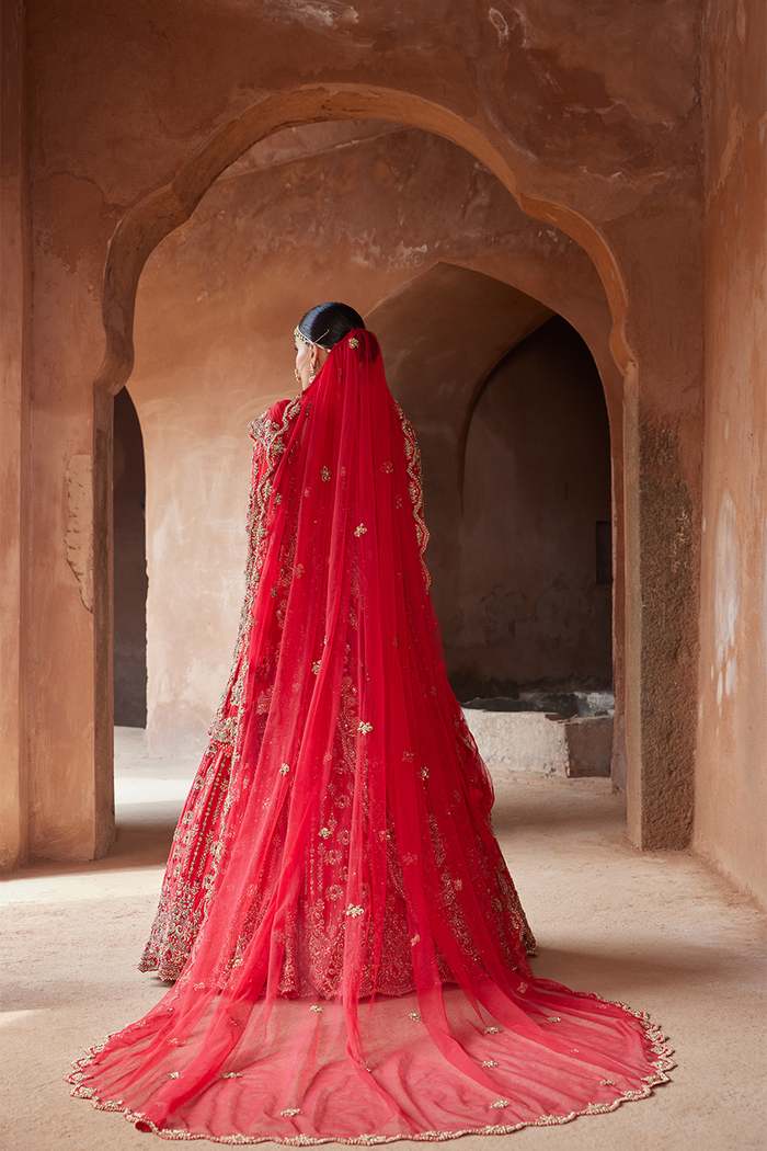 VERMILLON RED RAW SILK LEHENGA CHOLI SET