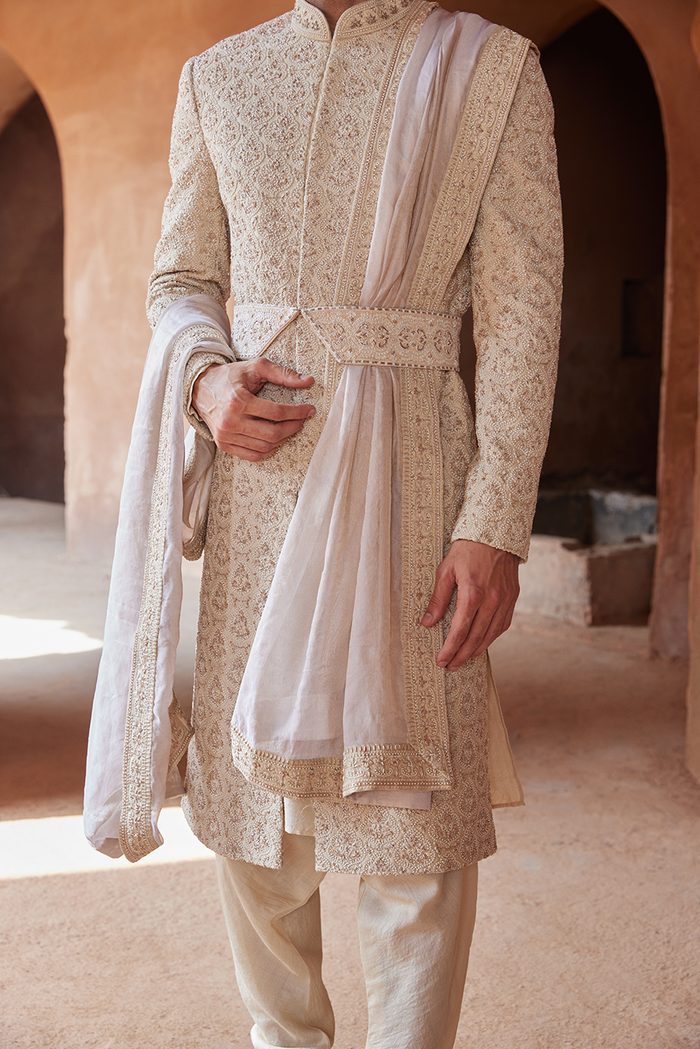 LIGHT BEIGE RAW SILK EMBROIDERED SHERWANI KURTA CHURIDAR SET