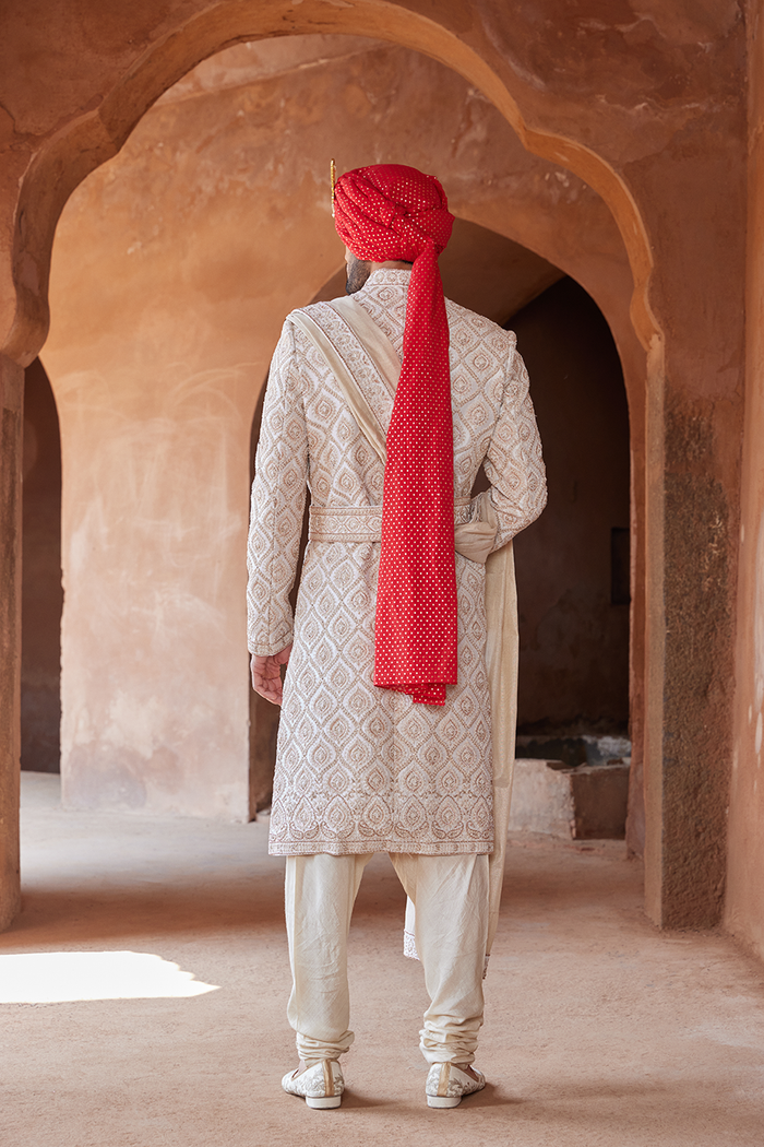 IVORY TAFETTA SHERWANI KURTA CHURIDAR SET
