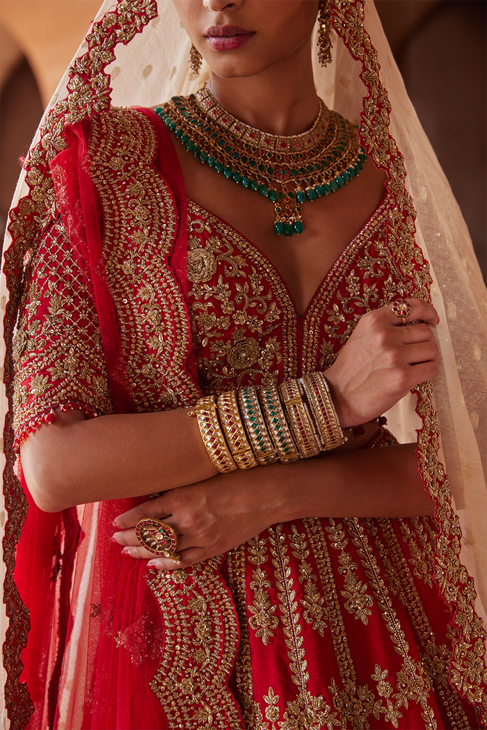 SCARLET RED RAW SILK LEHENGA CHOLI SET