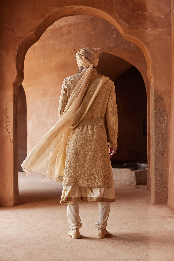 GOLD RAW SILK EMBROIDERED SHERWANI KURTA CHURIDAR SET