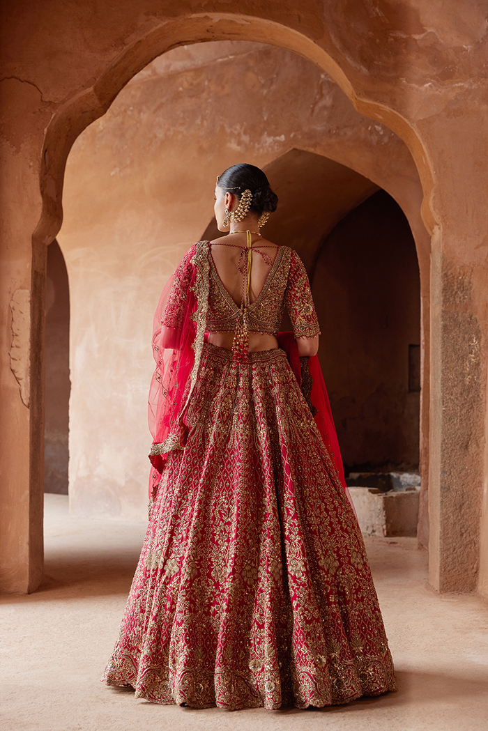 BLOOD RED RAW SILK LEHENGA CHOLI