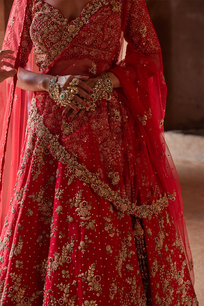 CRIMSON RED RAW SILK LEHENGA CHOLI SET