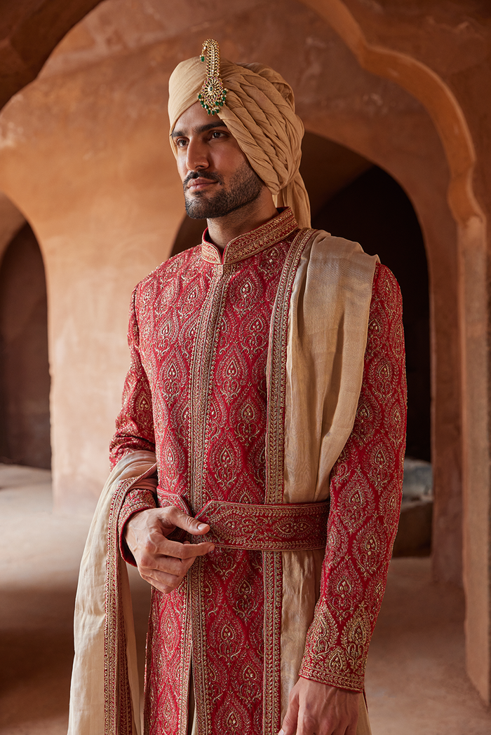 RED MATKA SILK EMBROIDERED SHERWANI KURTA CHURIDAR SET