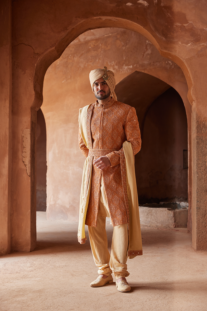 RUST MATKA SILK EMBROIDERED SHERWANI KURTA CHURIDAR SET